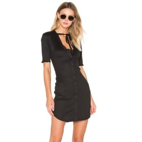 Revolve Privacy Please Prentiss Mini Dress Bodycon Rib Knit Tie detail Black XS - Picture 1 of 14